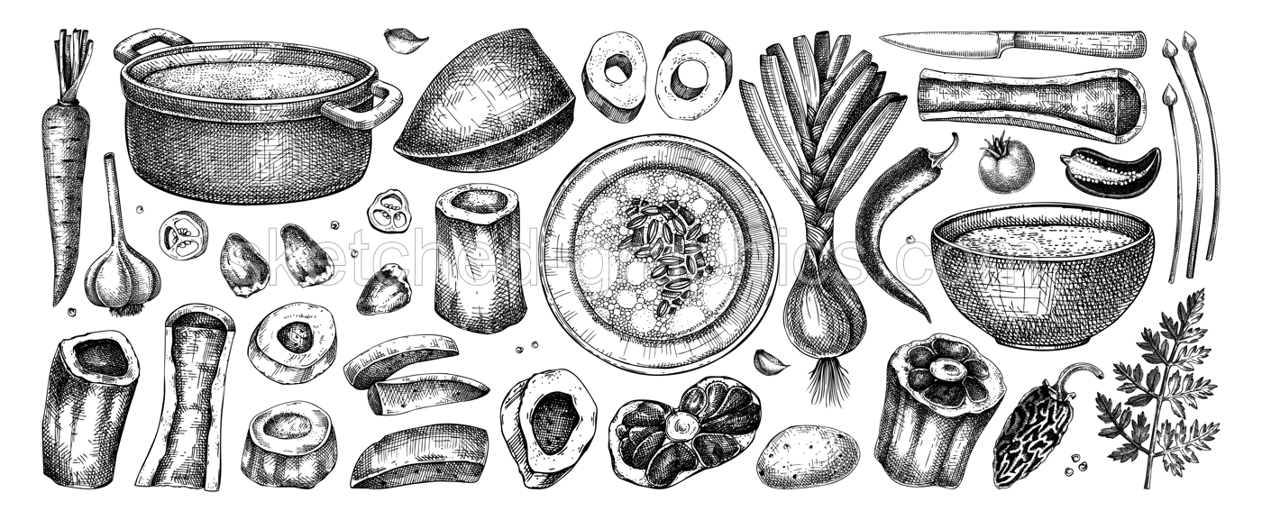 Healthy food set. Marrow bone broth, hot soup served on plates, pans, bowls, vegetables, organ meat, marrow bones sketches. Hand drawn vector illustrations. Homemade food menu design elements Illustration